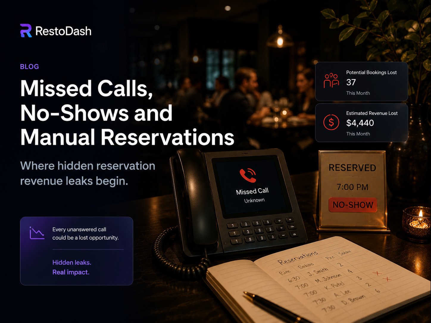 RestoDash blog visual showing missed calls, no-shows, and manual reservation leaks