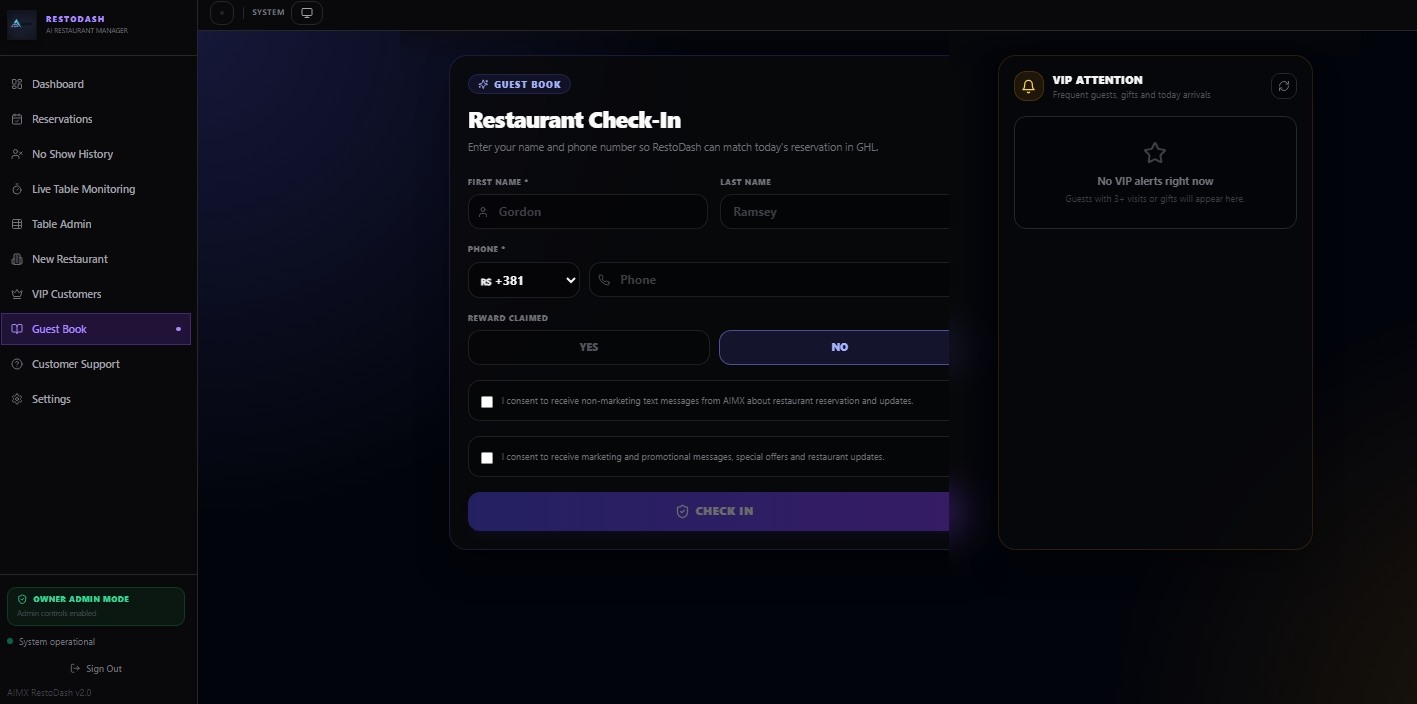 RestoDash GuestBook restaurant check-in form