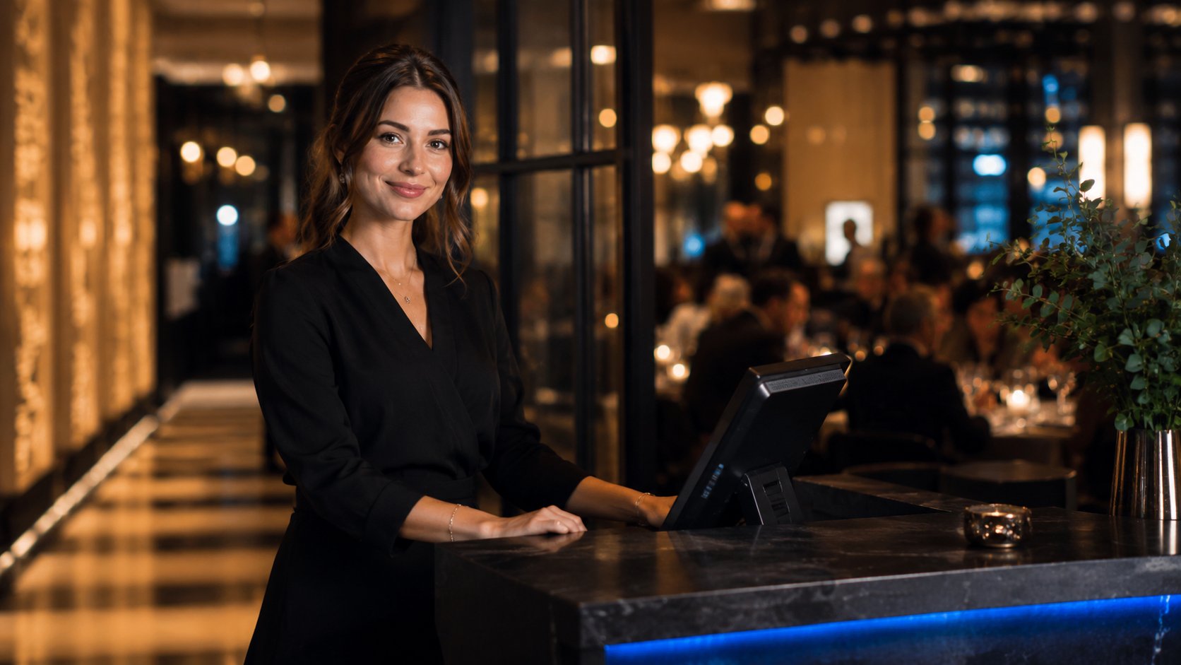 Restaurant host using AIMX at the front desk