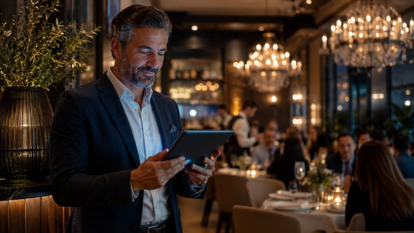 Restaurant manager reviewing live reservations on a tablet