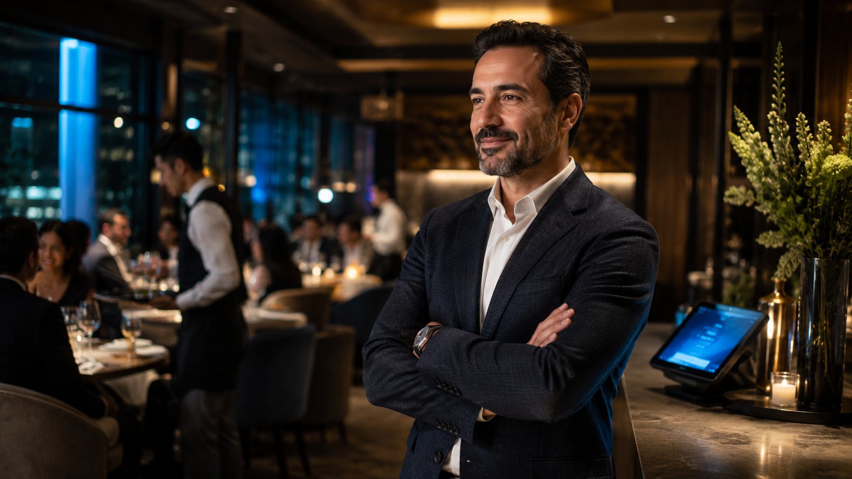 Restaurant owner overseeing a busy premium dining room