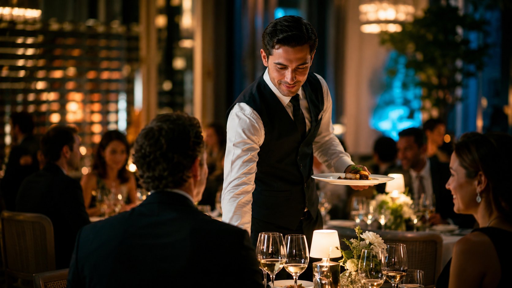 Waiter serving a relaxed dining room
